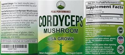 Photo of the Peak Performance Cordyceps Mushroom label