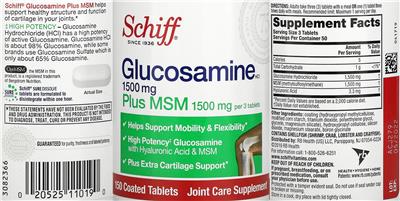 Photo of the Schiff Glucosamine HCl 1500 mg Plus MSM 1500 mg label