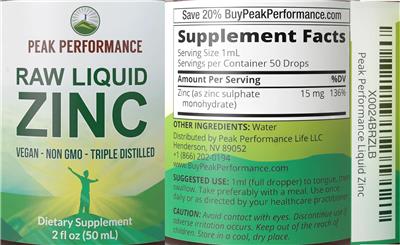 Photo of the Peak Performance Raw Liquid Zinc label