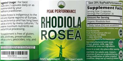 Photo of the Peak Performance Rhodiola Rosea label