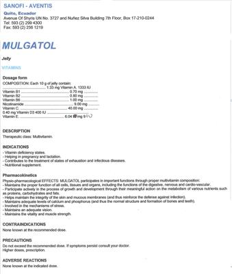 Photo of the Sanofi-Aventis Mulgatol label