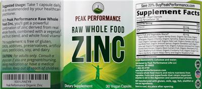 Photo of the Peak Performance Raw Whole Food Zinc label