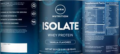Photo of the MRM Nutrition Isolate Whey Protein Vanilla Flavored label