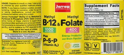 Photo of the Jarrow Formulas Methyl B-12 1000 mcg & Methyl Folate 400 mcg plus P-5-P Lemon Flavor label