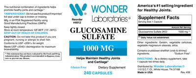 Photo of the Wonder Laboratories Glucosamine Sulfate 1000 mg label