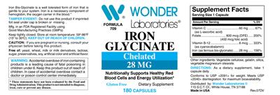 Photo of the Wonder Laboratories Iron Glycinate 28 mg label