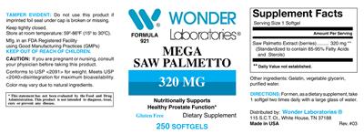 Product label for Mega Saw Palmetto 320 mg