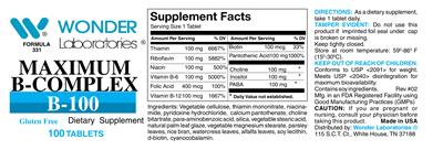 Photo of the Wonder Laboratories Maximum B-Complex B-100 label