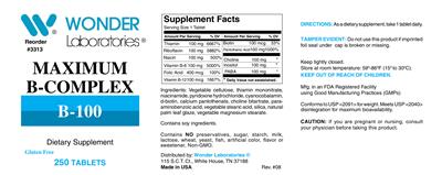 Photo of the Wonder Laboratories Maximum B-Complex B-100 label