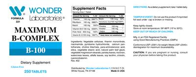 Photo of the Wonder Laboratories Maximum B-Complex B-100 label