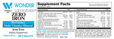 Photo of the Wonder Laboratories Zero Iron Hi-Potency Multi Vitamin-Mineral label