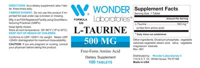 Photo of the Wonder Laboratories L-Taurine 500 mg label