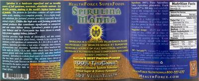 Photo of the HealthForce SuperFoods Spirulina Manna label