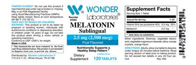 Photo of the Wonder Laboratories Melatonin Sublingual 2.5 mg (2,500 mcg) Fruit Flavored label