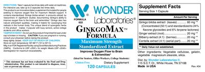 Photo of the Wonder Laboratories GinkgoMax Formula label