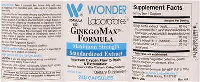 Photo of the Wonder Laboratories GinkgoMax Formula label