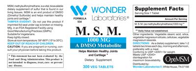 Photo of the Wonder Laboratories M.S.M. 1000 mg label