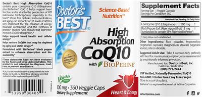 Photo of the Doctor's Best High Absorption CoQ10 with BioPerine 100 mg label