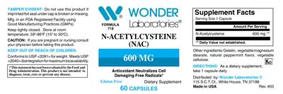 Photo of the Wonder Laboratories N-Acetylcysteine (NAC) 600 mg label