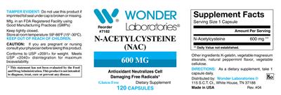 Photo of the Wonder Laboratories N-Acetylcysteine (NAC) 600 mg label