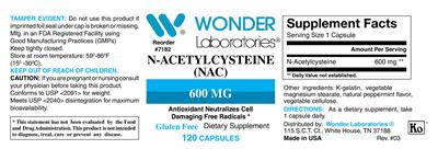 Photo of the Wonder Laboratories N-Acetylcysteine (NAC) 600 mg label