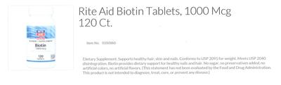 Photo of the Rite Aid Pharmacy Biotin 1000 mcg label