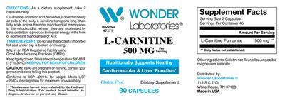 Photo of the Wonder Laboratories L-Carnitine 500 mg label