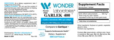 Photo of the Wonder Laboratories Garlek 400 label