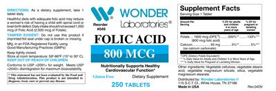 Photo of the Wonder Laboratories Folic Acid 800 mcg label