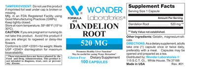 Photo of the Wonder Laboratories Dandelion Root 520 mg label