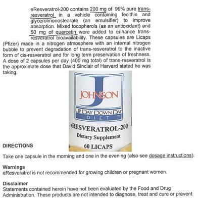 Photo of the Johnson Up Day Down Day Diet eResveratrol-200 label
