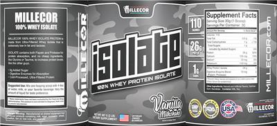 Photo of the Millecor Isolate Vanilla Milkshake label