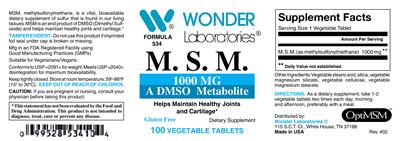 Photo of the Wonder Laboratories M.S.M. 1000 mg label