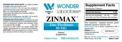 Photo of the Wonder Laboratories Zinmax Zinc Picolinate 50 mg label
