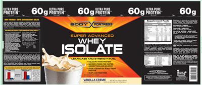 Photo of the Body Fortress Super Advanced Whey Isolate Vanilla Creme label