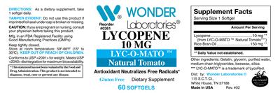 Photo of the Wonder Laboratories Lycopene 10 mg label