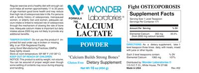 Photo of the Wonder Laboratories Calcium Lactate Powder label