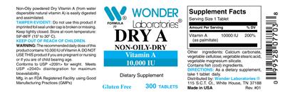 Photo of the Wonder Laboratories Dry A Vitamin A 10,000 IU label