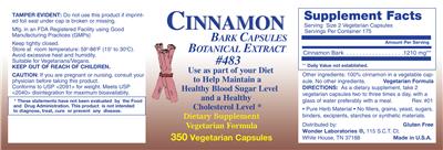 Photo of the Wonder Laboratories Cinnamon Bark Capsules label