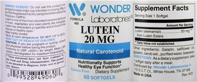 Photo of the Wonder Laboratories Lutein 20 mg label