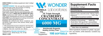 Photo of the Wonder Laboratories 3X Triple Strength Cranberry Concentrate label