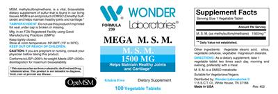 Photo of the Wonder Laboratories Mega M.S.M. 1500 mg label