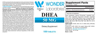 Photo of the Wonder Laboratories DHEA 50 mg label