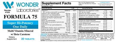 Photo of the Wonder Laboratories Formula 75 Multi Vitamin-Mineral label