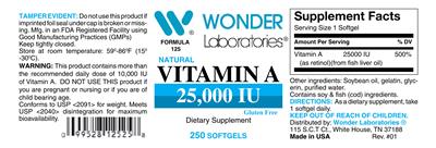 Photo of the Wonder Laboratories Natural Vitamin A 25,000 IU label