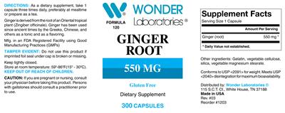 Photo of the Wonder Laboratories Ginger Root 550 mg label