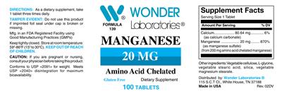 Photo of the Wonder Laboratories Manganese 20 mg label