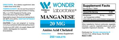 Photo of the Wonder Laboratories Manganese 20 mg label