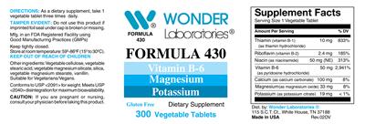 Photo of the Wonder Laboratories Formula 430 Vitamin B-6 Magnesium Potassium label
