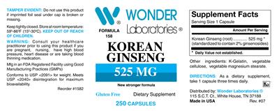 Photo of the Wonder Laboratories Korean Ginseng 525 mg label